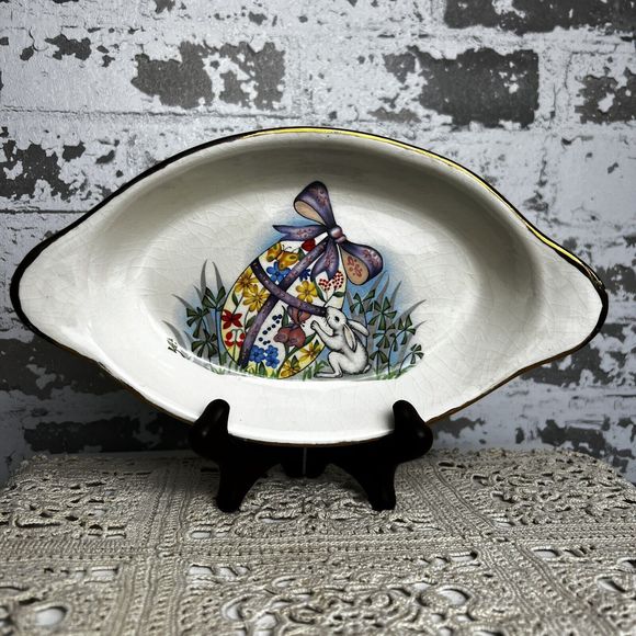 Vtg Handpainted Easter‎ Bunny Trinket Dish Oval Signed “R.R.88” Ceramic Crazing - Picture 1 of 11